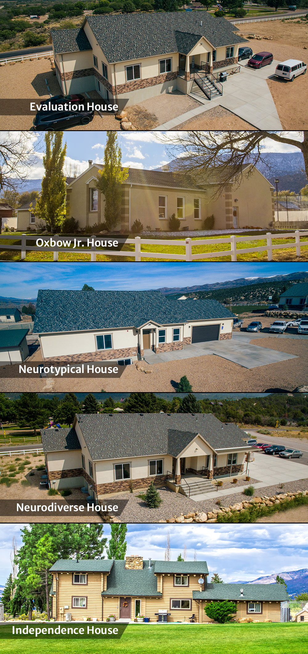 Campus Tour of all the deferent populations at Oxbow Academy, Evaluation House, Oxbow Jr. House, Neurotypical House, Neurodiverse House, and the Independence House.